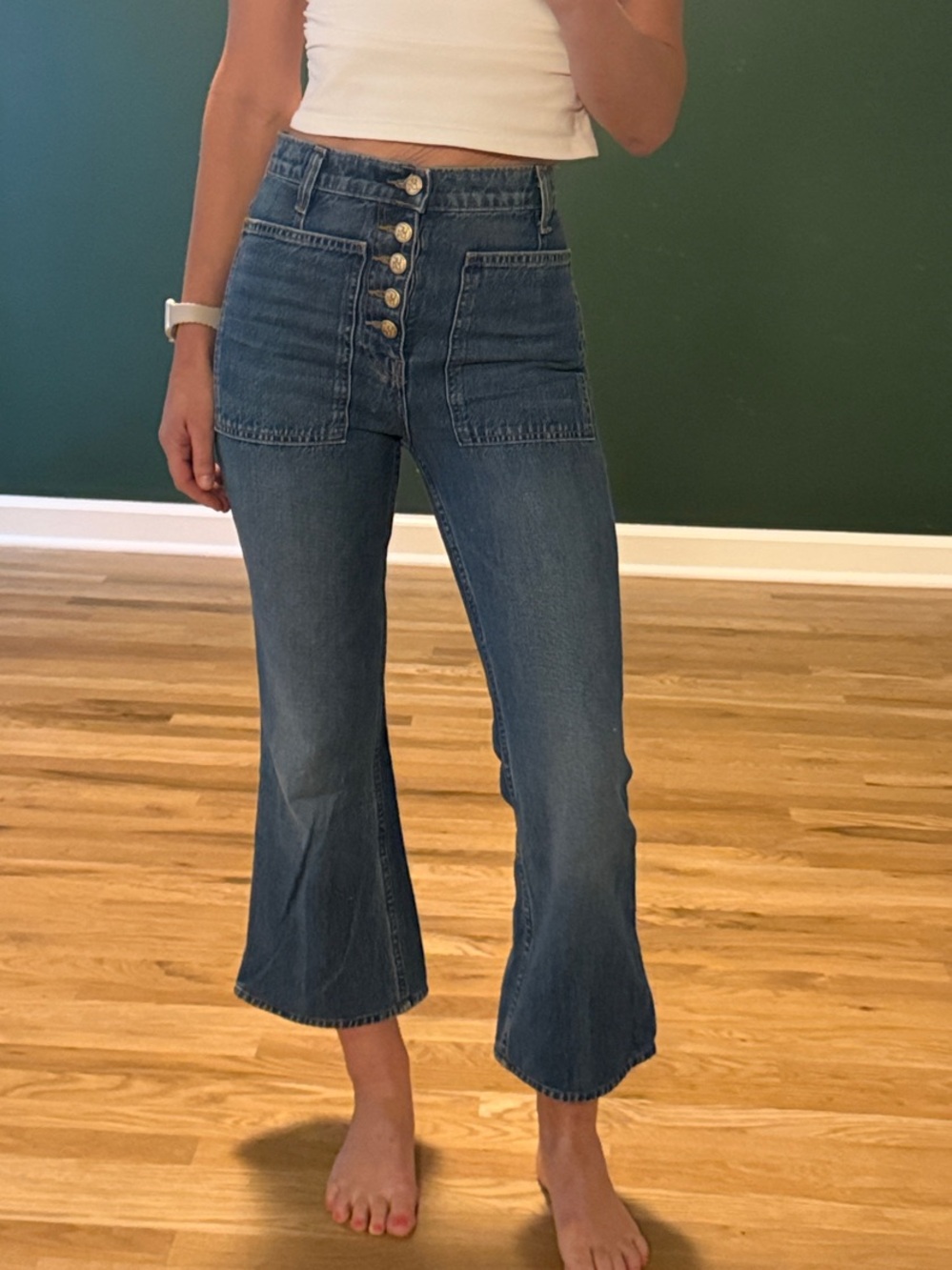 Ulla Johnson High-Rise CROPPED Flare Jeans in Medium Blue with Gold Buttons